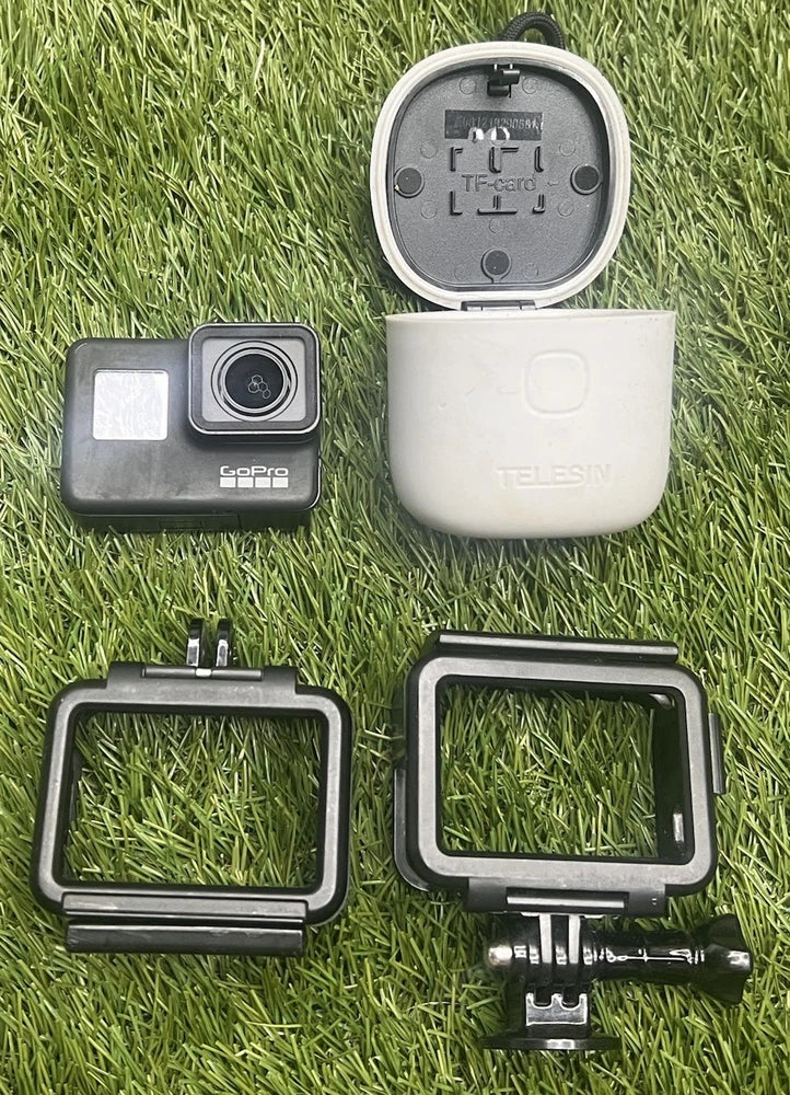 GoPro Hero7 Black action camera kit with camera, protective case and mounting frames