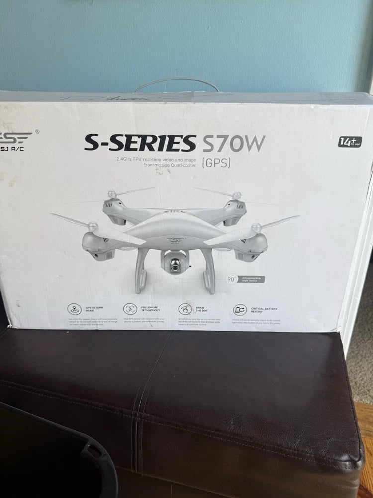 GPS drone retail box showing SJRC S70W S-Series drone illustration