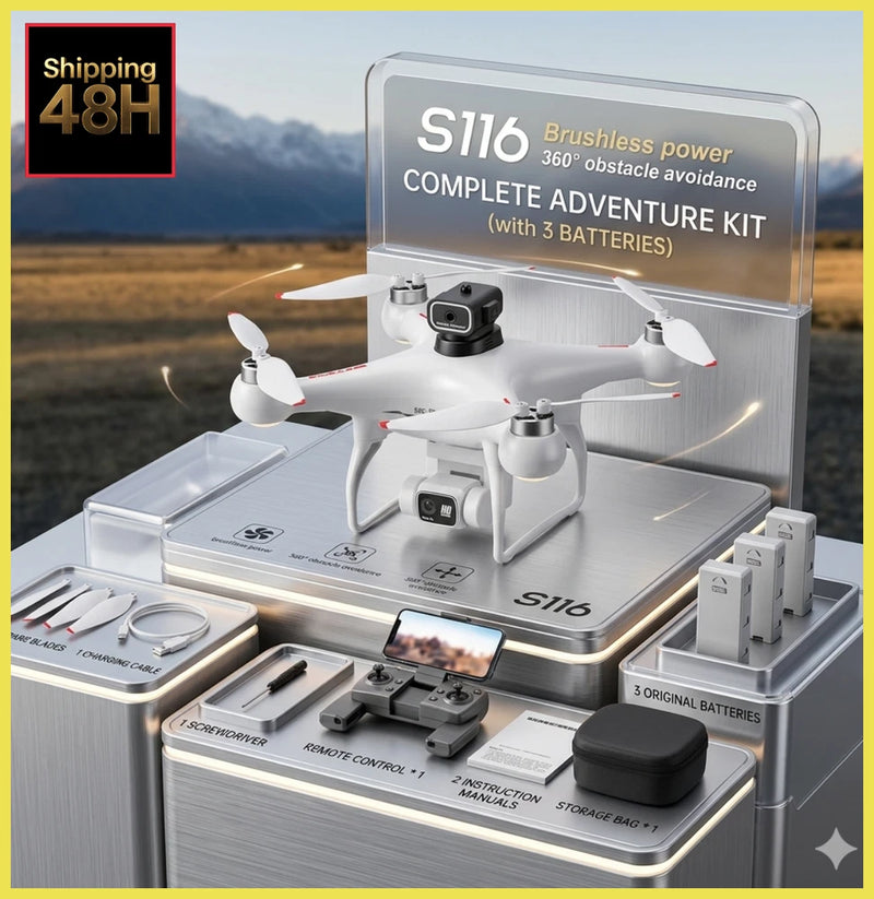 White quadcopter drone with carrying case, controller, and three batteries