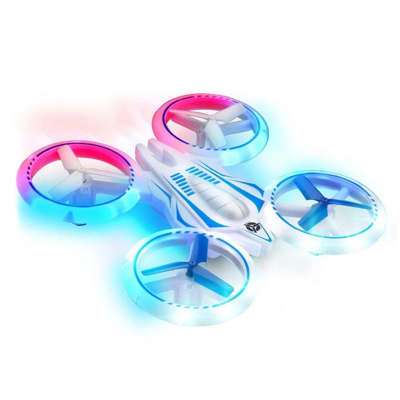 Mini stunt drone with four glowing LED propeller rings, white body