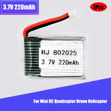 3.7V 220mAh LiPo rechargeable battery with red/black leads and white 2-pin plug