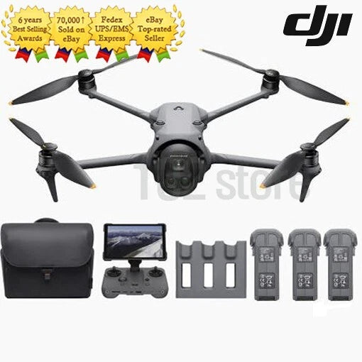 DJI Mavic 4 Pro quadcopter drone with four propellers, case, batteries, and controller