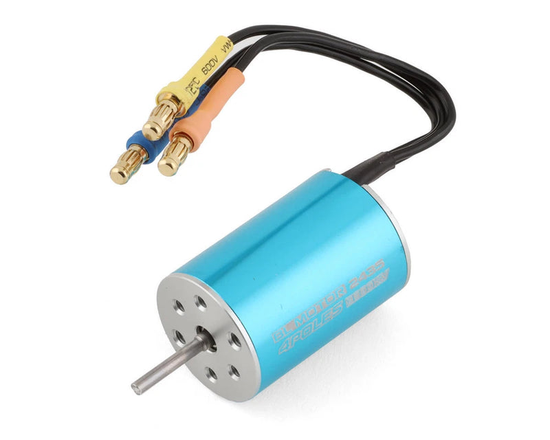 RC brushless motor with heat sink, blue cylinder, metal end plate, shaft and black wires