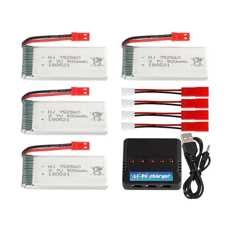 4-pack 3.7V 900mAh Li-Po drone batteries with red connectors and charger kit