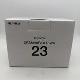 Fujinon XF 23mm F2.8 R WR lens retail box, silver