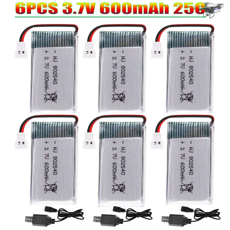 6X Lipo battery 3.7V 600mAh 25C XH2.54 Plug USB Charger For RC Quadcopter Drone