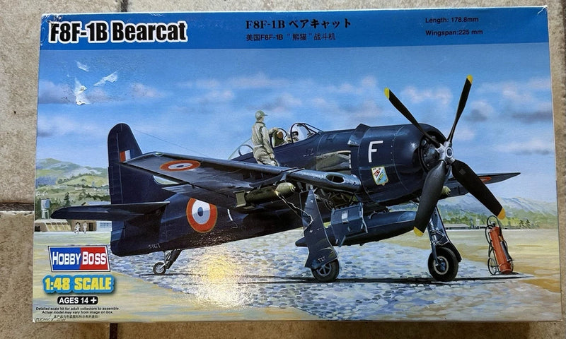 HOBBYBOSS 1/48 F8F-1B Bearcat aircraft model kit box, dark blue fighter plane artwork
