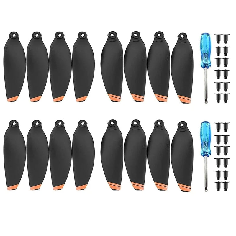 16-pack DJI Mini 2 replacement drone propellers, black blades with orange tips and screw kit