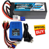 Black hard-case 14.8V LiPo battery with red/black leads and blue EZ6/EC3 charger