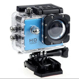 Blue waterproof action camera in clear case with black lens and mounting base