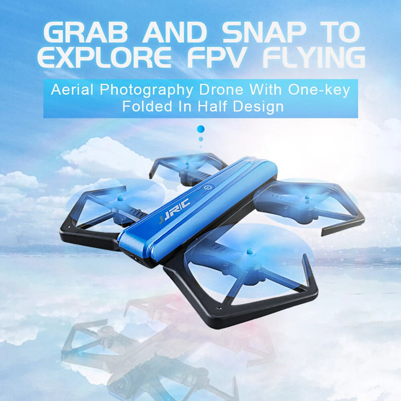 Foldable blue and black quadcopter drone with four rotors and camera module