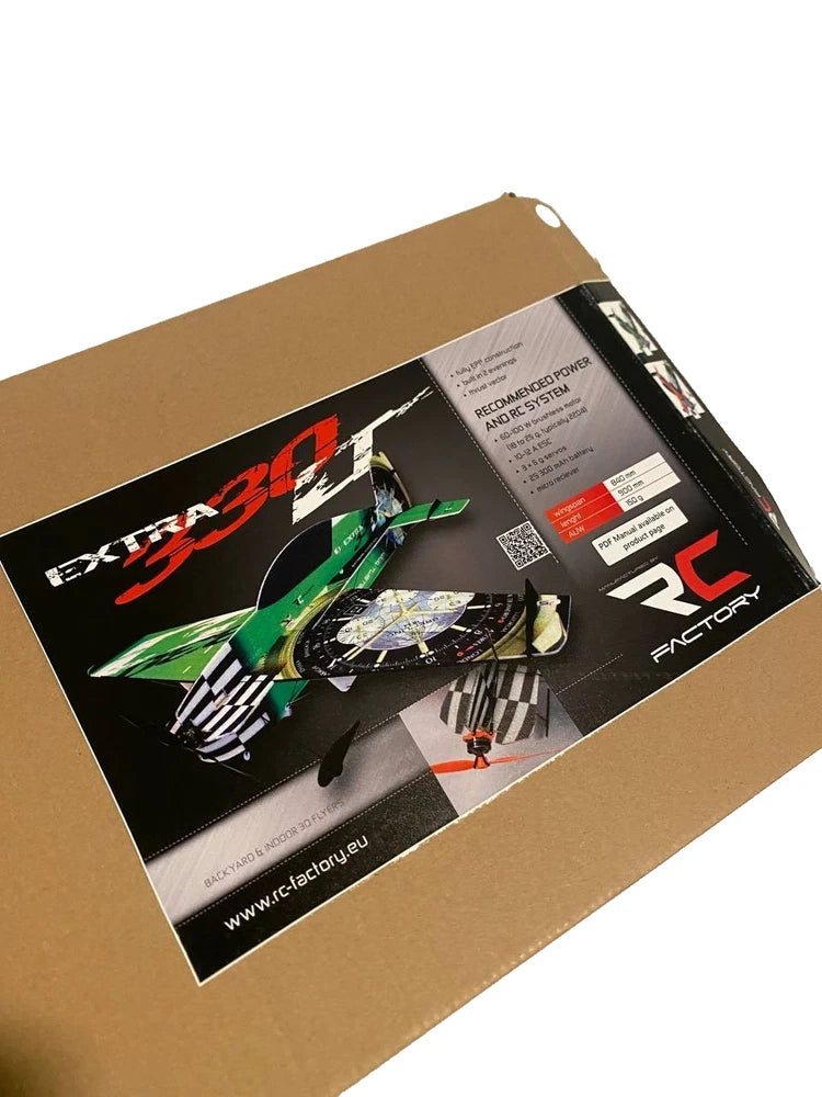 RC airplane model kit box with printed instruction card and branding labels