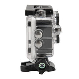 Waterproof action camera in clear case with mount clamp and side control buttons