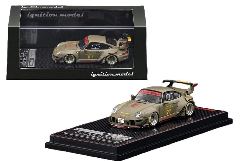 1:64 matte green Porsche 911 model car with black display base