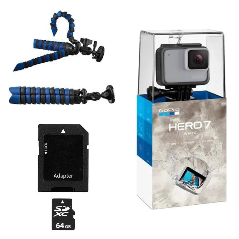 GoPro HERO7 White action camera bundle with tripod, adapter, and 64GB memory card
