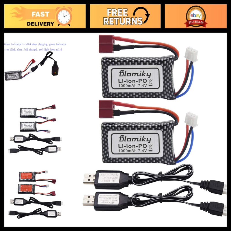 2 Pack 7.4V 1000mAh Lipo Battery T Plug for RC Trucks & Q903 - High Performance Battery