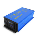 Blue and black power inverter with digital display, ventilation vents, and AC outlets
