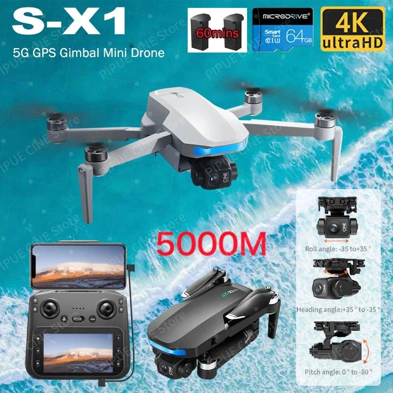 Gray quadcopter drone with 3-axis gimbal camera and control screen