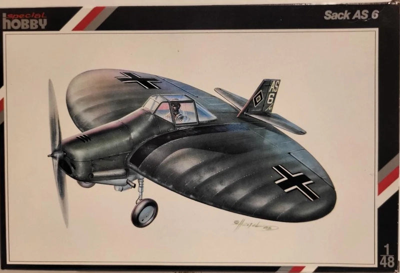 1/48 scale Sack AS 6 model airplane kit, dark gray with pink stripe and cross markings
