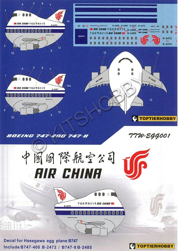 Air China Boeing 747 decal sheet with aircraft graphics and logos on clear film