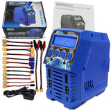 Blue RC battery balance charger with LCD screen and dual AC/DC ports, side vents