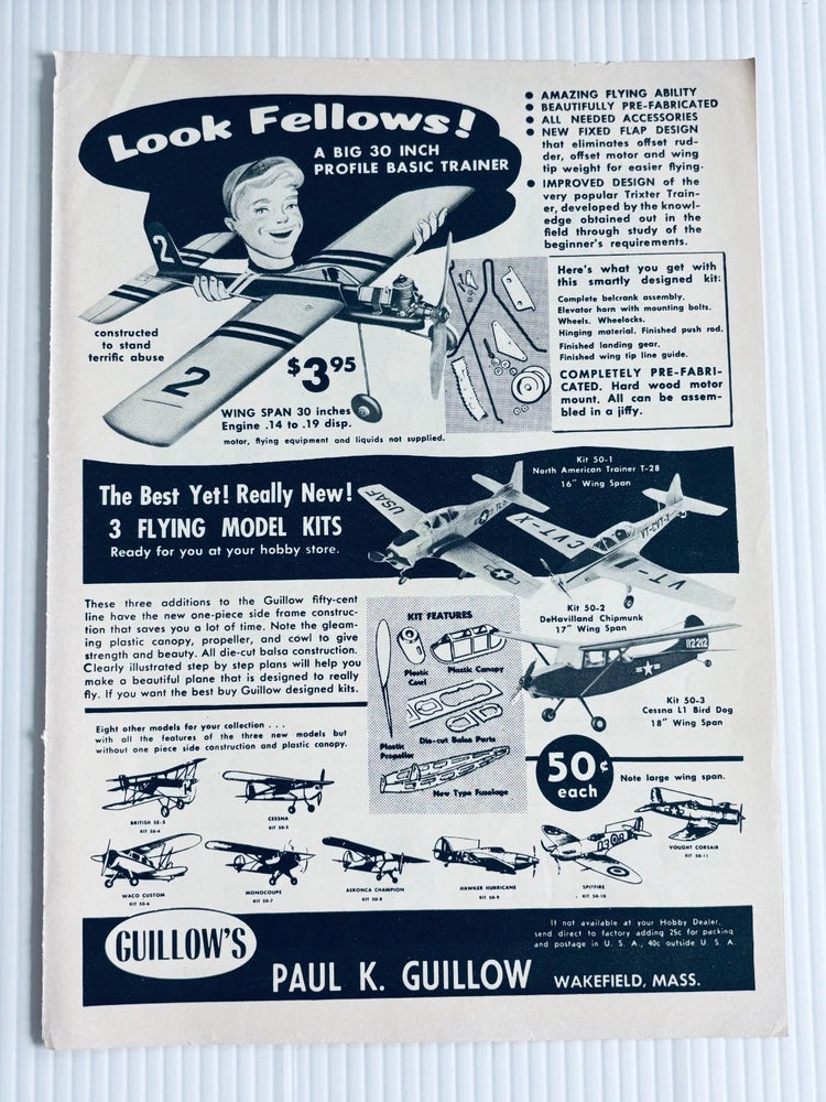 Vintage airplane hobby print ad with aircraft diagrams and Guillow's branding.
