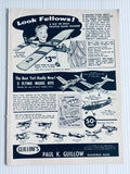 Vintage airplane hobby print ad with aircraft diagrams and Guillow's branding.