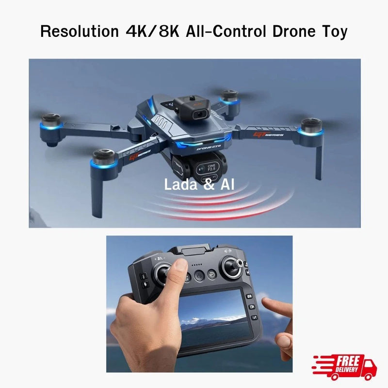 Dual-camera drone with quadcopter arms and controller with touchscreen