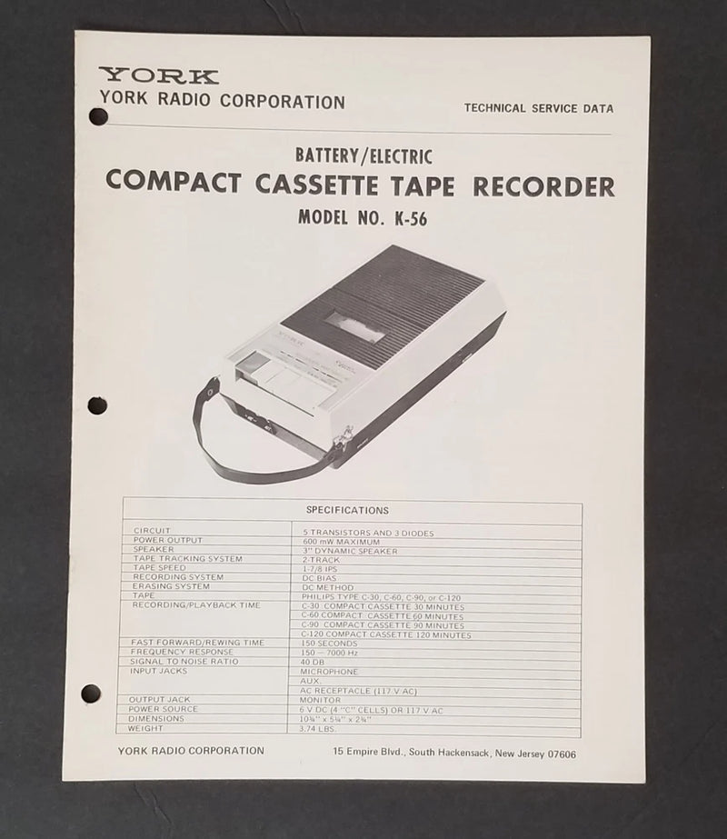 York Model K-56 compact cassette tape recorder technical service data sheet