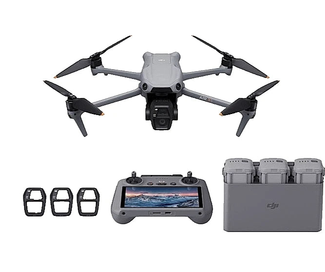 DJI camera drone kit with quadcopter, controller screen, and battery storage case