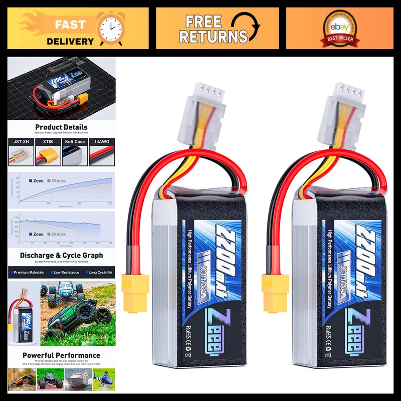 2200mAh 11.1V 50C Lipo Battery Shorty Pack XT60 Plug for RC Cars Drones Boats 2 Battery