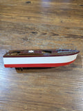 Vintage wooden motor boat model toy with battery, red/white hull and maroon deck