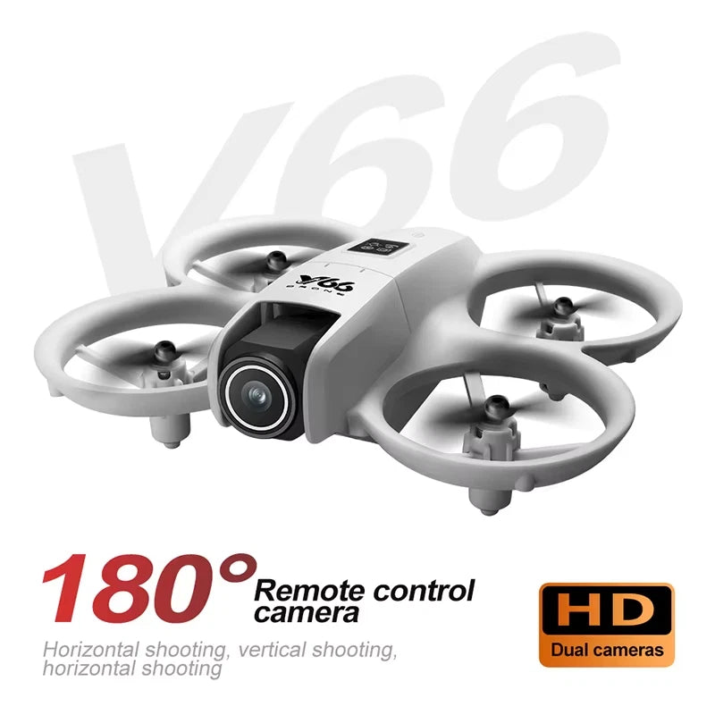 White mini foldable quadcopter drone with built-in camera and four propellers