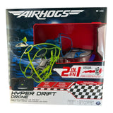 2-in-1 Hyper Drift drone kit with neon green and blue parts in retail box