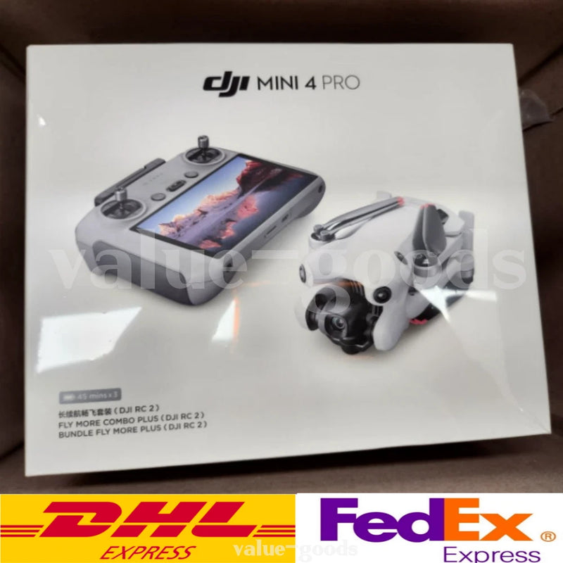 DJI Mini 4 Pro drone and RC controller, shown with box and accessories