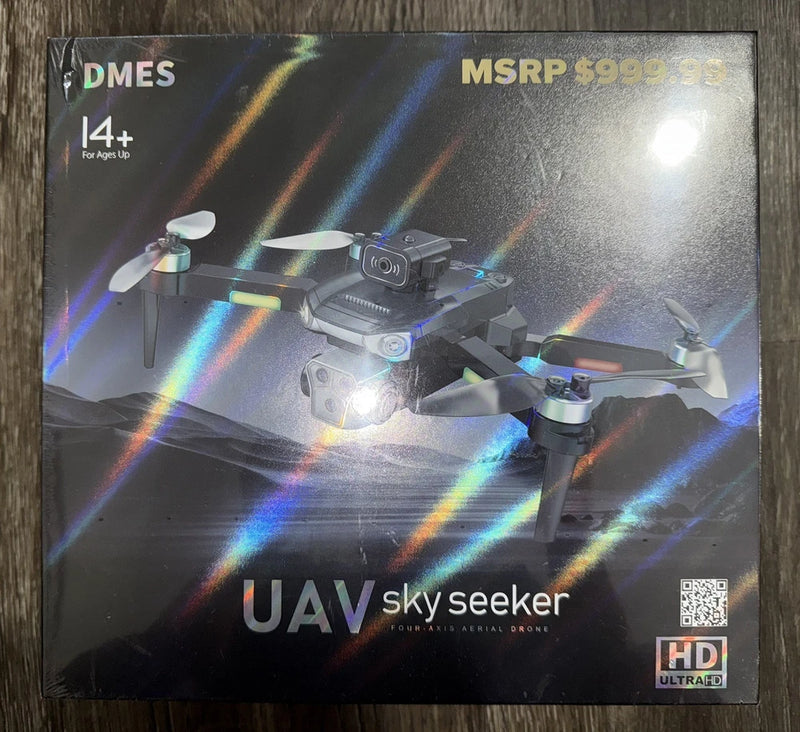 4-axis aerial drone with camera, UAV sky seeker, shown on product box
