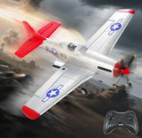 Red and white RC stunt airplane with four-channel controller and propeller
