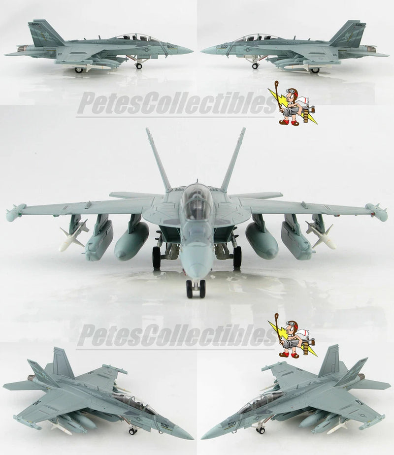 Gray EA-18G Growler fighter jet model with side, front, and rear views.