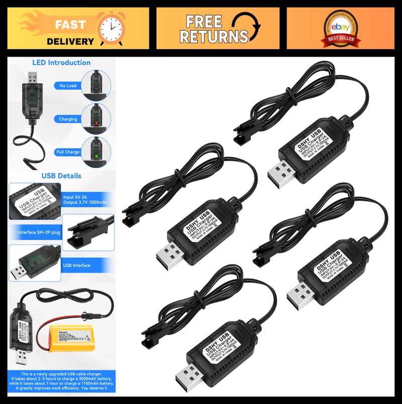 4Pcs 3.7V USB Battery Charger with JST SM-2P Connector for RC Cars, Boats, Drone Battery