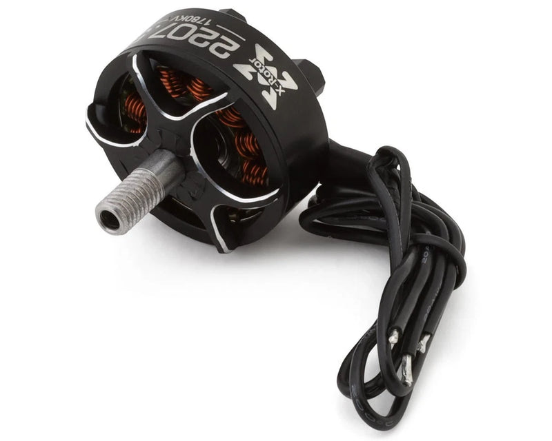 Hobbywing brushless FPV motor with black housing, shaft, and attached wire leads