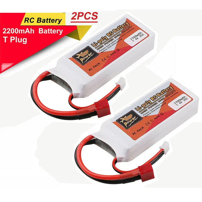 2PCS ZOP Power 7.4V 2200mAh 35C 2S Lipo Battery T Plug For RC Racing Drone Car Battery