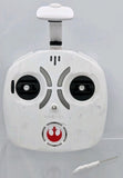 White drone remote controller with two thumb joysticks and circular flame button