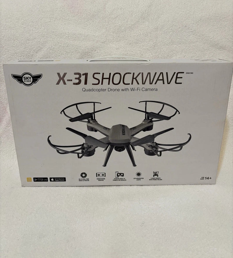 RC quadcopter drone retail box, X-31 Shockwave model, with LED lights shown