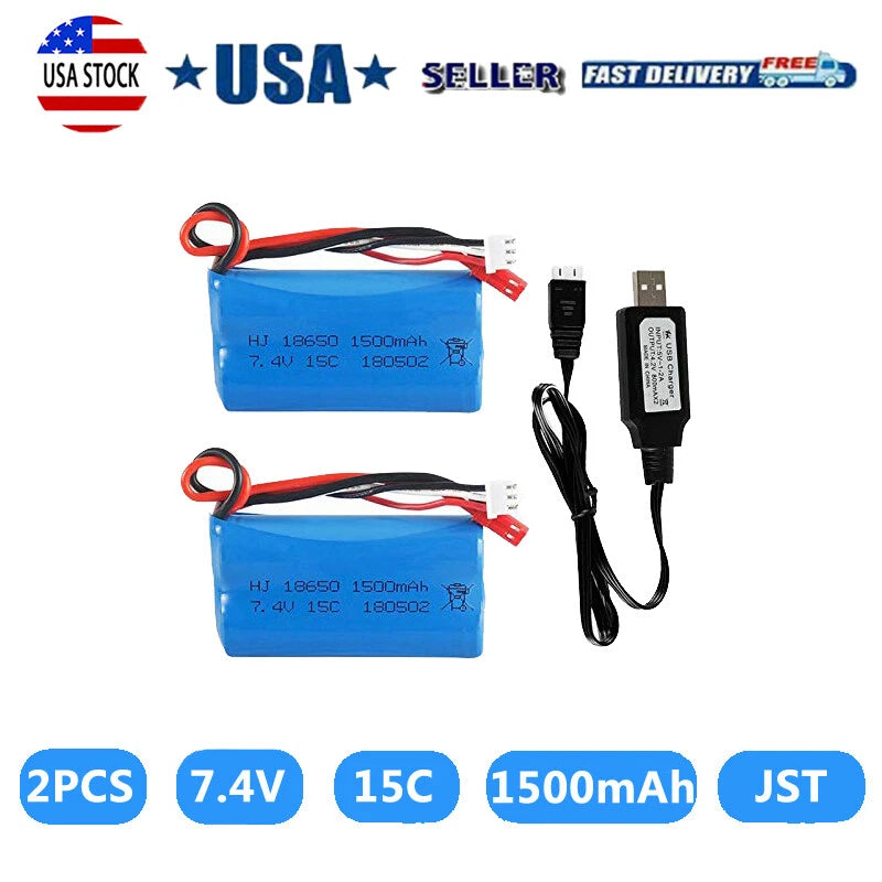 7.4V 1500mAh Li-ion Battery JST Plug for HUANQI HQ957 948 848 MJX F45 T23 RC Car
