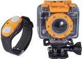 HP AC200W action camera in clear waterproof housing with orange front and wrist strap