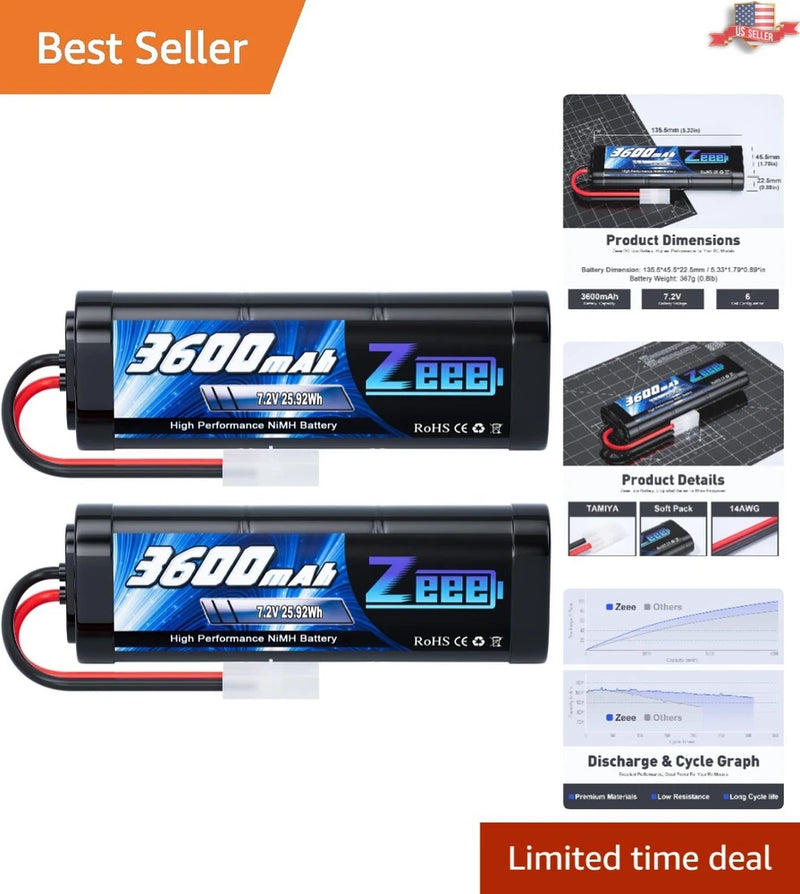 Two 3600mAh NiMH RC battery packs with Tamiya-style connector and red/black wires