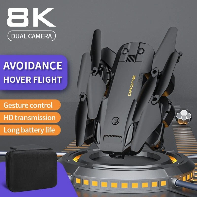 Gray folding quadcopter drone with dual camera and propellers, plus carry case