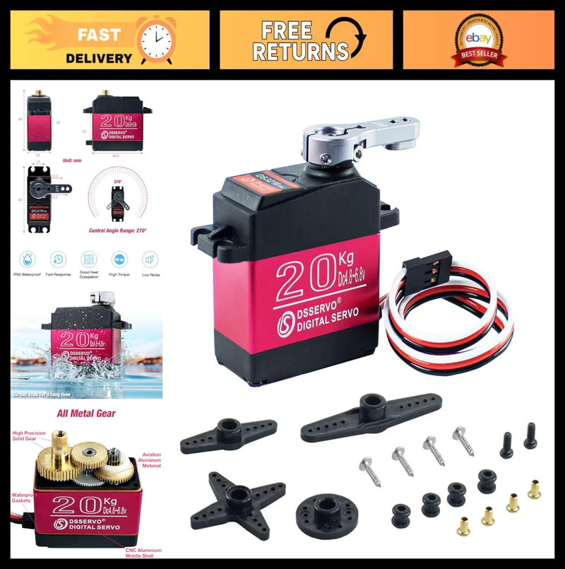 High Torque 20kg Digital Servo Metal Gears Waterproof for RC Cars, Robots, Truck