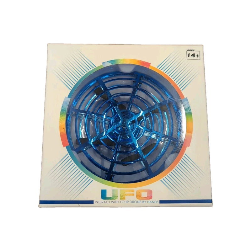 Blue UFO-style drone interaction toy in retail box