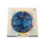 Blue UFO-style drone interaction toy in retail box